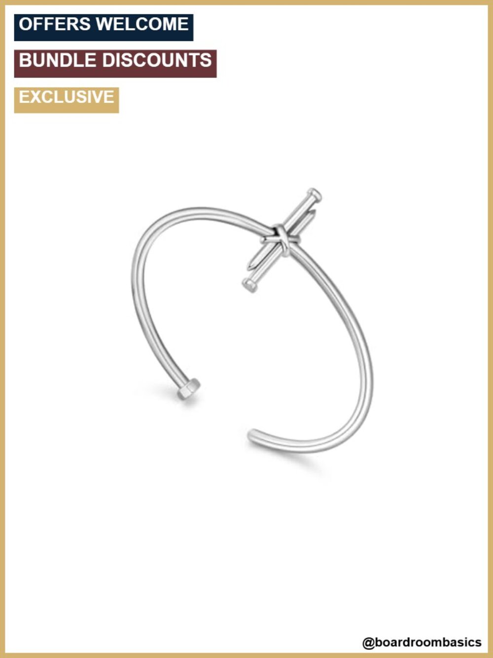 18k White Gold Plated Nail Cross Open Cuff Bangle Religious Bracelet